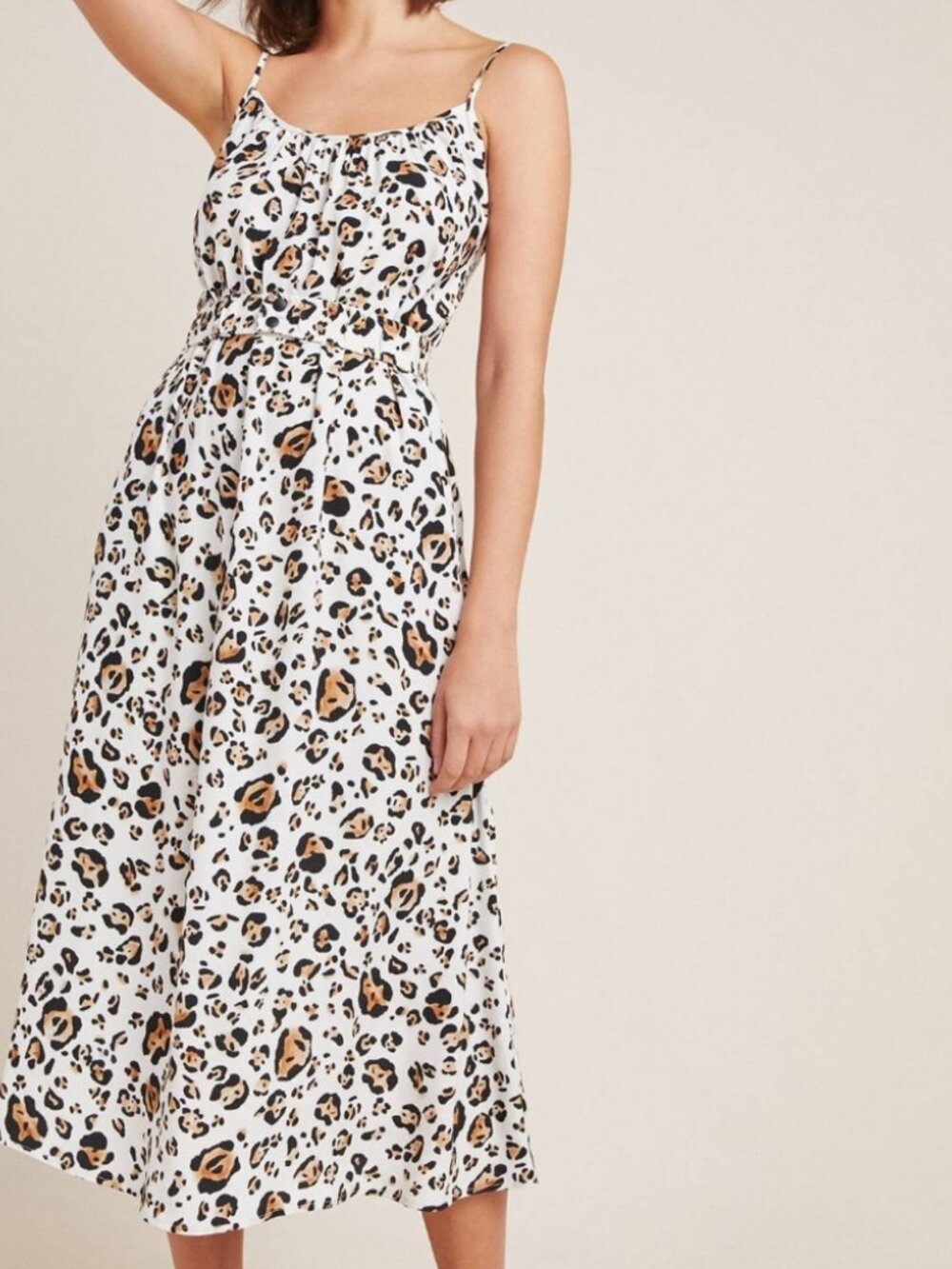 White Leopard Print Midi Dress with Spaghetti Straps